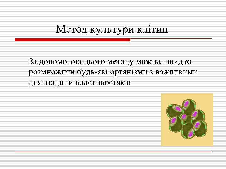 Метод культури клітин За допомогою цього методу можна швидко розмножити будь-які організми з важливими