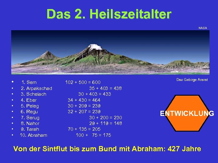 Das 2. Heilszeitalter NASA • • • 1. Sem 2. Arpakschad 3. Schelach 4.