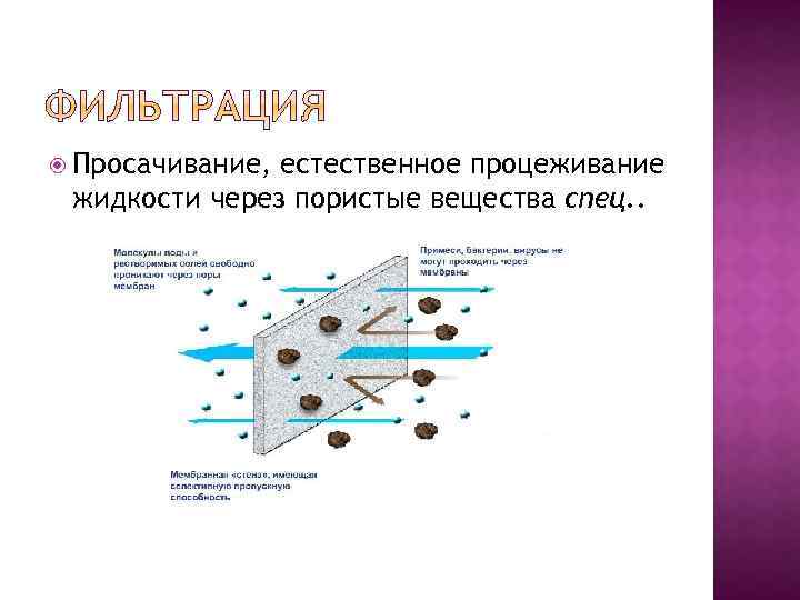  Просачивание, естественное процеживание жидкости через пористые вещества спец. . 