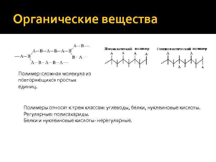 Органические вещества Полимер-сложная молекула из повторяющихся простых единиц. Полимеры относят к трем классам: углеводы,