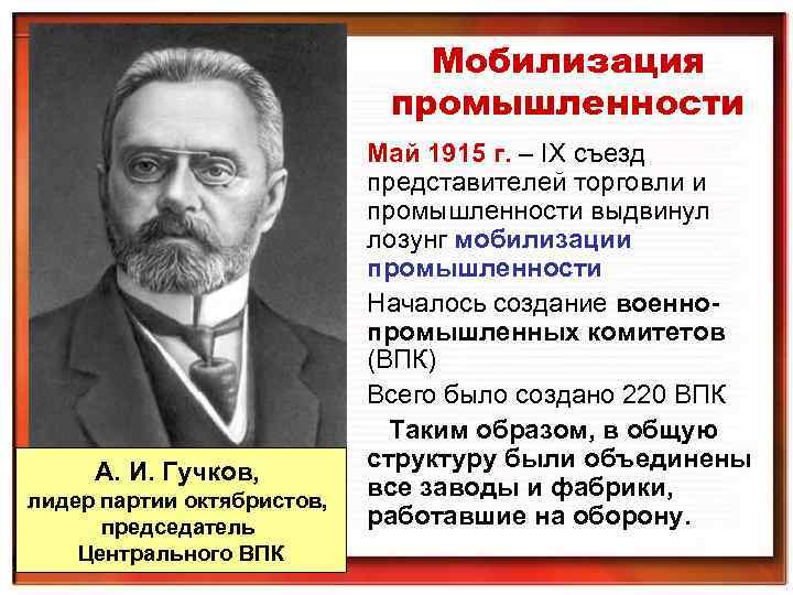 Мобилизация промышленности А. И. Гучков, лидер партии октябристов, председатель Центрального ВПК Май 1915 г.