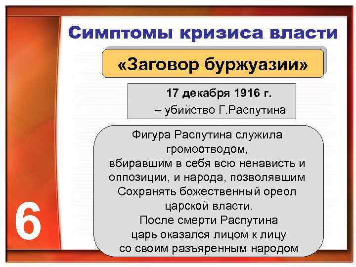 Симптомы кризиса власти «Заговор буржуазии» 17 декабря 1916 г. – убийство Г. Распутина 6