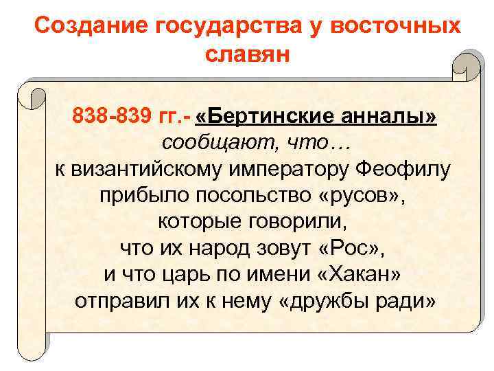 Создание государства у восточных славян 838 -839 гг. - «Бертинские анналы» сообщают, что… к