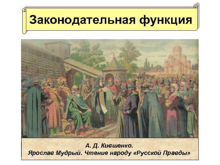 Законодательная функция А. Д. Кившенко. Ярослав Мудрый. Чтение народу «Русской Правды» 