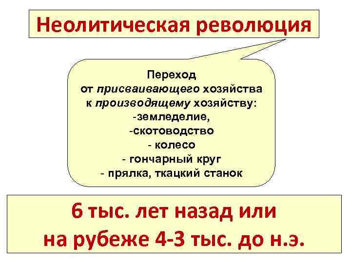 Неолитическая революция Переход от присваивающего хозяйства к производящему хозяйству: -земледелие, -скотоводство - колесо -