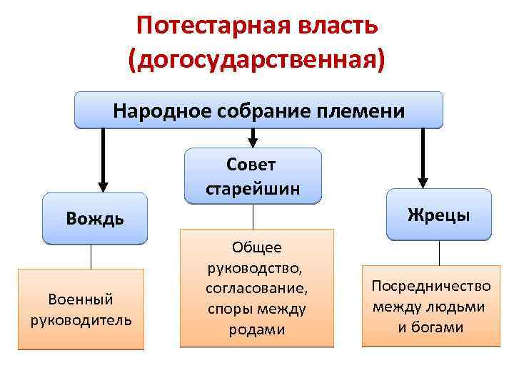 Потестарная власть (догосударственная) Народное собрание племени Совет старейшин Жрецы Вождь Военный руководитель Общее руководство,
