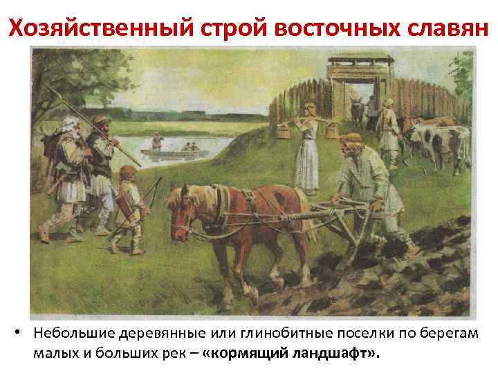 Хозяйственный строй восточных славян • Небольшие деревянные или глинобитные поселки по берегам малых и