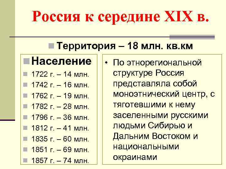 Россия к середине XIX в. n Территория – 18 млн. кв. км n Население