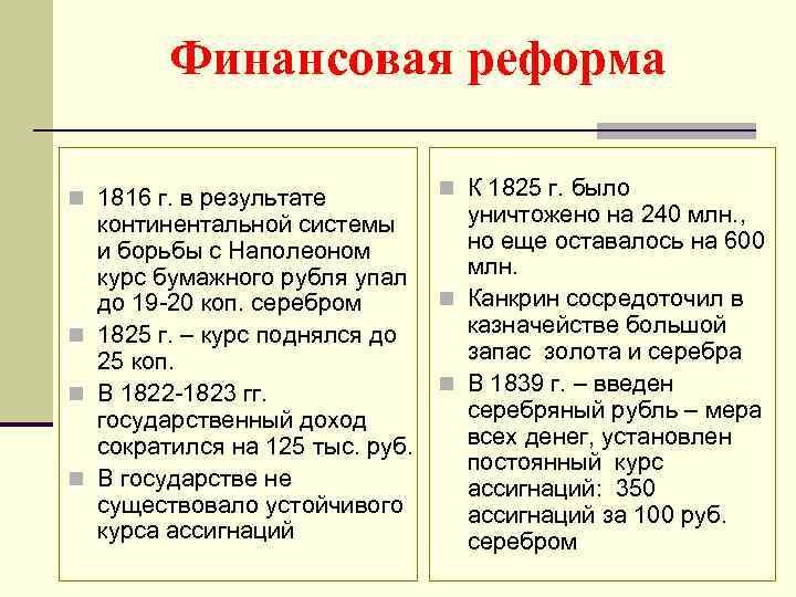 Финансовая реформа n 1816 г. в результате n К 1825 г. было уничтожено на