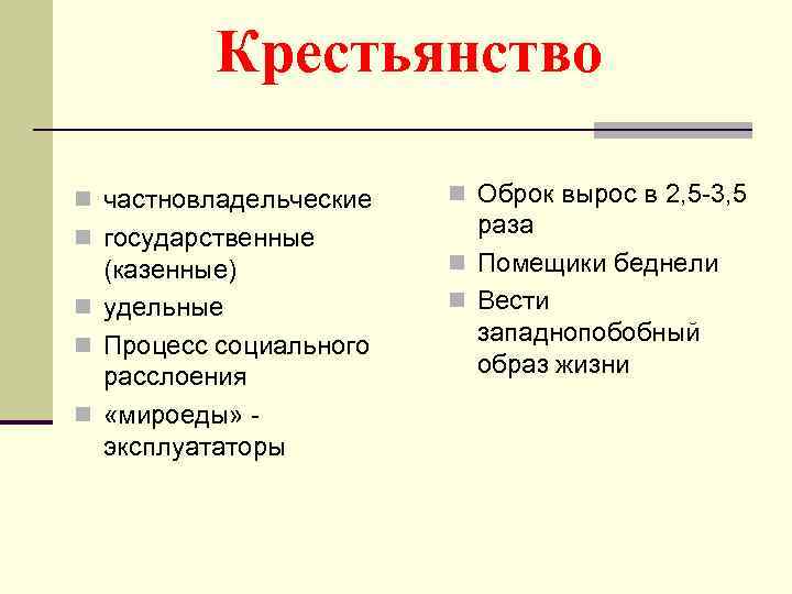 Крестьянство n частновладельческие n государственные (казенные) n удельные n Процесс социального расслоения n «мироеды»