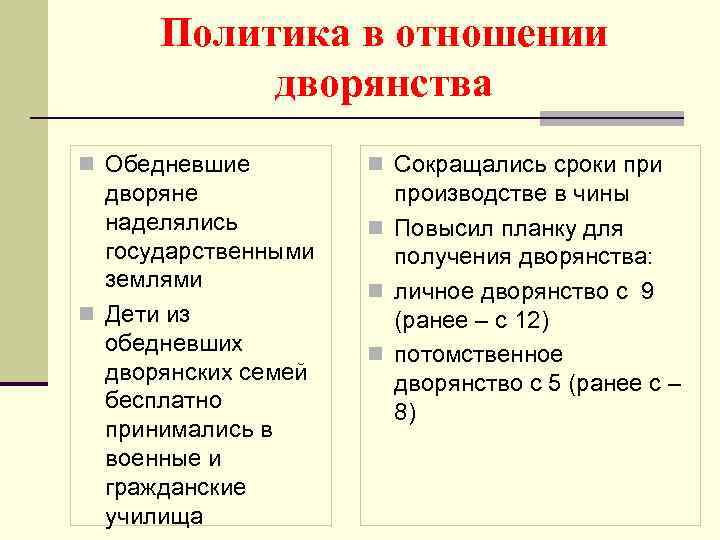 Политика в отношении дворянства n Обедневшие n Сокращались сроки при дворяне наделялись государственными землями