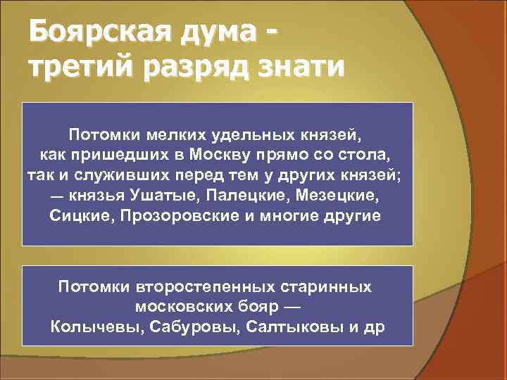 Боярская дума третий разряд знати Потомки мелких удельных князей, как пришедших в Москву прямо