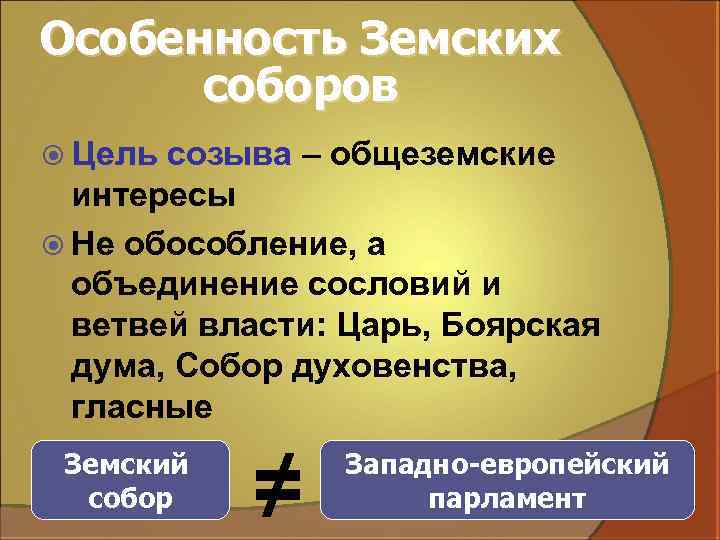 Особенность Земских соборов Цель созыва – общеземские интересы Не обособление, а объединение сословий и