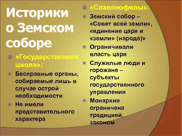 Историки о Земском соборе «Славянофилы» : Земский собор – «Совет всей земли» , «единение