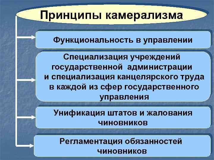 Принципы камерализма Функциональность в управлении Специализация учреждений государственной администрации и специализация канцелярского труда в