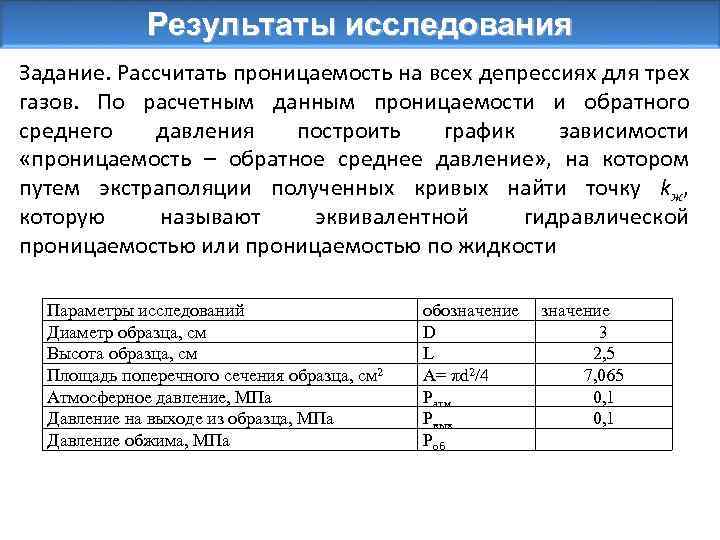 Результаты исследования Задание. Рассчитать проницаемость на всех депрессиях для трех газов. По расчетным данным