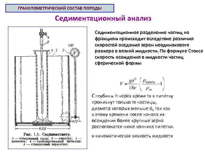 ГРАНУЛОМЕТРИЧЕСКИЙ СОСТАВ ПОРОДЫ Седиментационный анализ Седиментационное разделение частиц по фракциям происходит вследствие различия скоростей