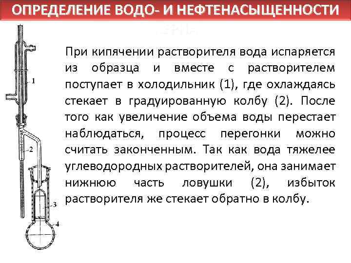 ОПРЕДЕЛЕНИЕ ВОДО- И НЕФТЕНАСЫЩЕННОСТИ КЕРНА При кипячении растворителя вода испаряется из образца и вместе