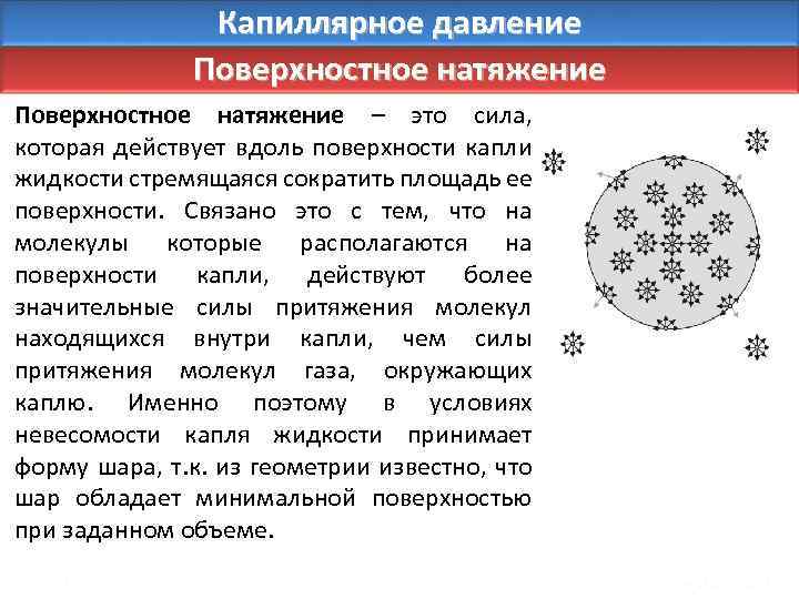 Капиллярное давление Поверхностное натяжение – это сила, которая действует вдоль поверхности капли жидкости стремящаяся