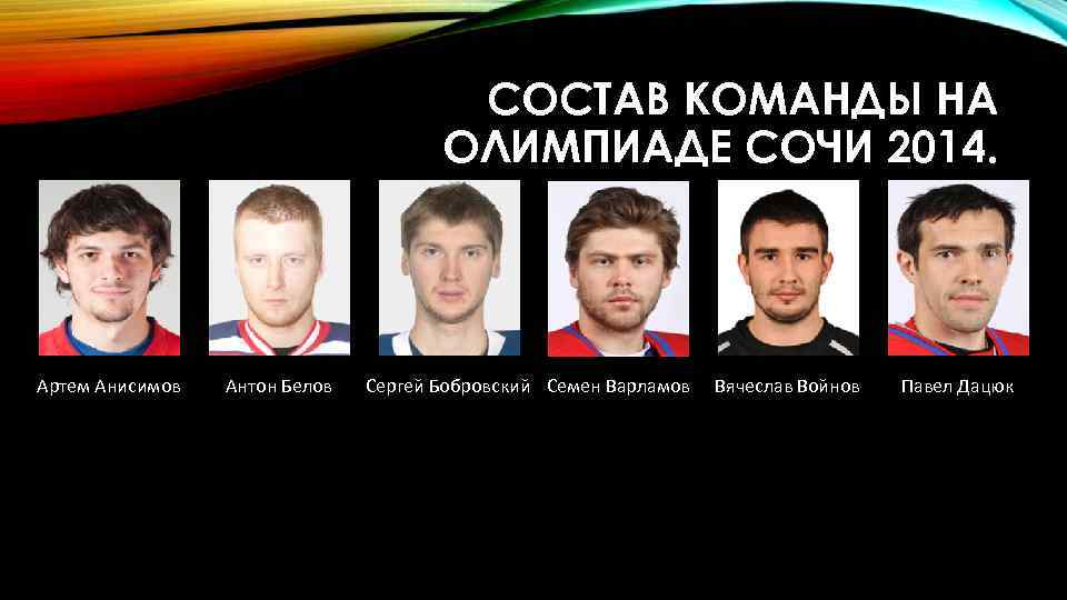СОСТАВ КОМАНДЫ НА ОЛИМПИАДЕ СОЧИ 2014. Артем Анисимов Антон Белов Сергей Бобровский Семен Варламов
