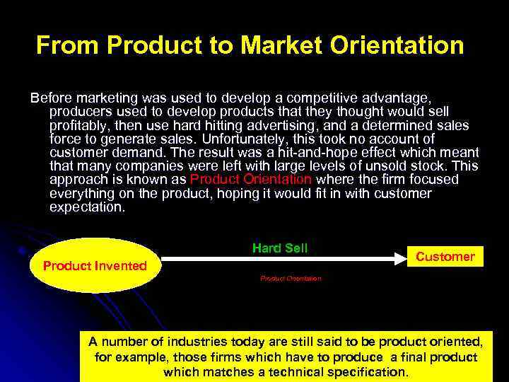 From Product to Market Orientation Before marketing was used to develop a competitive advantage,