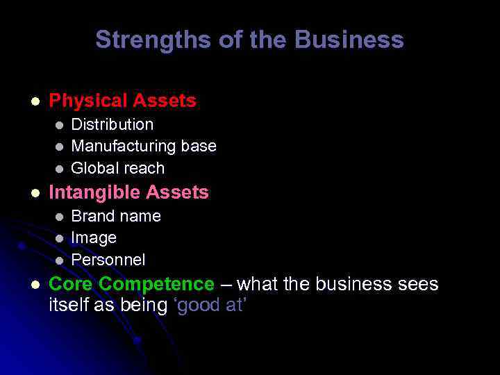 Strengths of the Business l Physical Assets l l Intangible Assets l l Distribution