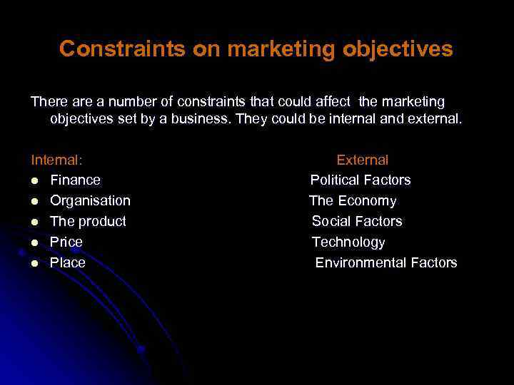 Constraints on marketing objectives There a number of constraints that could affect the marketing