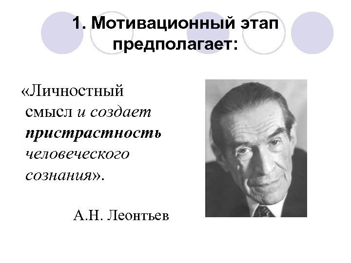 1. Мотивационный этап предполагает: «Личностный смысл и создает пристрастность человеческого сознания» . А. Н.