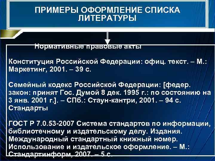 ПРИМЕРЫ ОФОРМЛЕНИЕ СПИСКА ЛИТЕРАТУРЫ Нормативные правовые акты Конституция Российской Федерации: офиц. текст. – М.