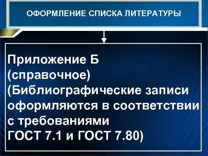 ОФОРМЛЕНИЕ СПИСКА ЛИТЕРАТУРЫ Приложение Б (справочное) (Библиографические записи оформляются в соответствии с требованиями ГОСТ