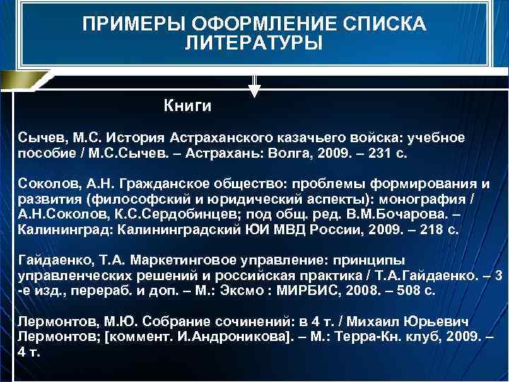 ПРИМЕРЫ ОФОРМЛЕНИЕ СПИСКА ЛИТЕРАТУРЫ Книги Сычев, М. С. История Астраханского казачьего войска: учебное пособие