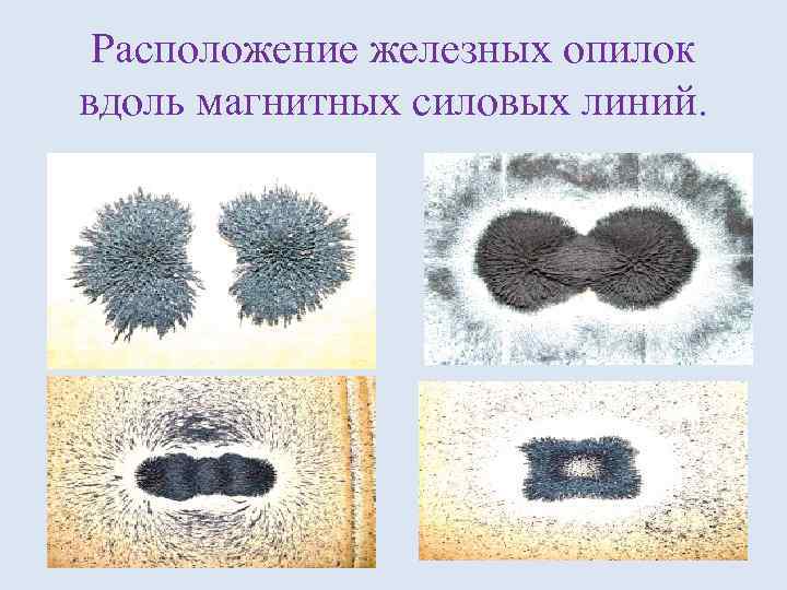 Расположение железных опилок вдоль магнитных силовых линий. 