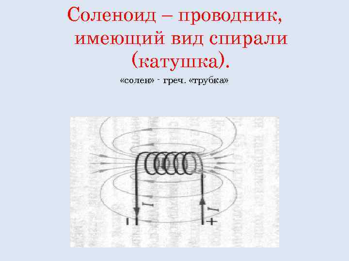 Соленоид – проводник, имеющий вид спирали (катушка). «солен» - греч. «трубка» 