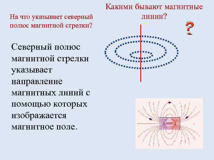 На что указывает северный полюс магнитной стрелки? Северный полюс магнитной стрелки указывает направление магнитных