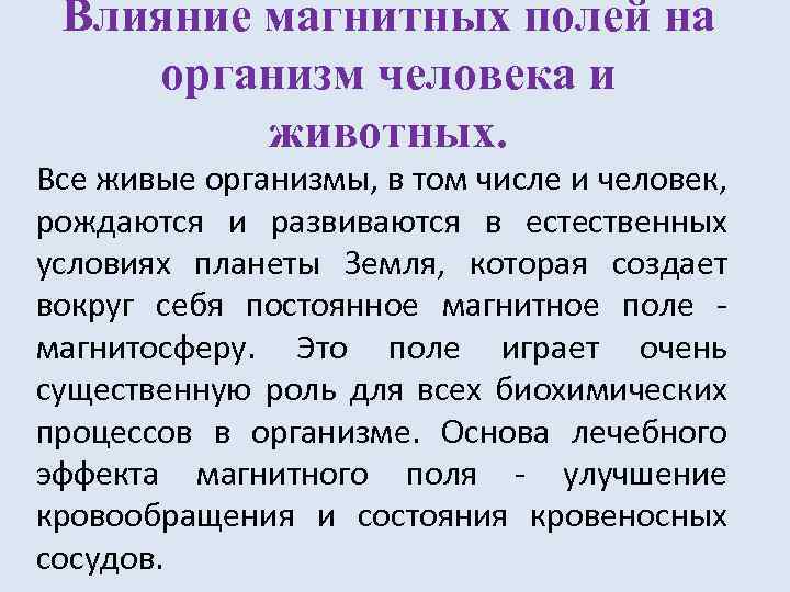 Влияние магнитных полей на организм человека и животных. Все живые организмы, в том числе