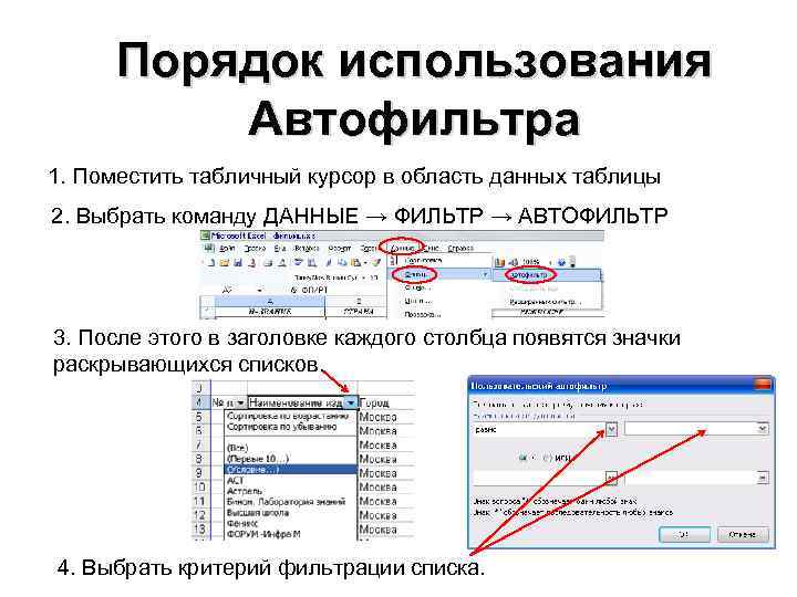 Порядок использования Автофильтра 1. Поместить табличный курсор в область данных таблицы 2. Выбрать команду