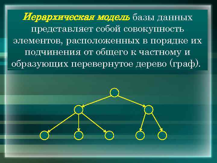 Иерархическая модель базы данных представляет собой совокупность элементов, расположенных в порядке их подчинения от