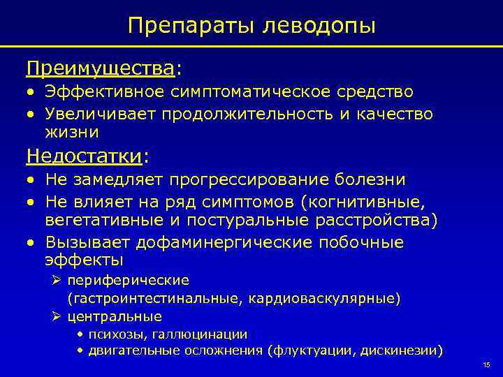 Препараты леводопы Преимущества: • Эффективное симптоматическое средство • Увеличивает продолжительность и качество жизни Недостатки: