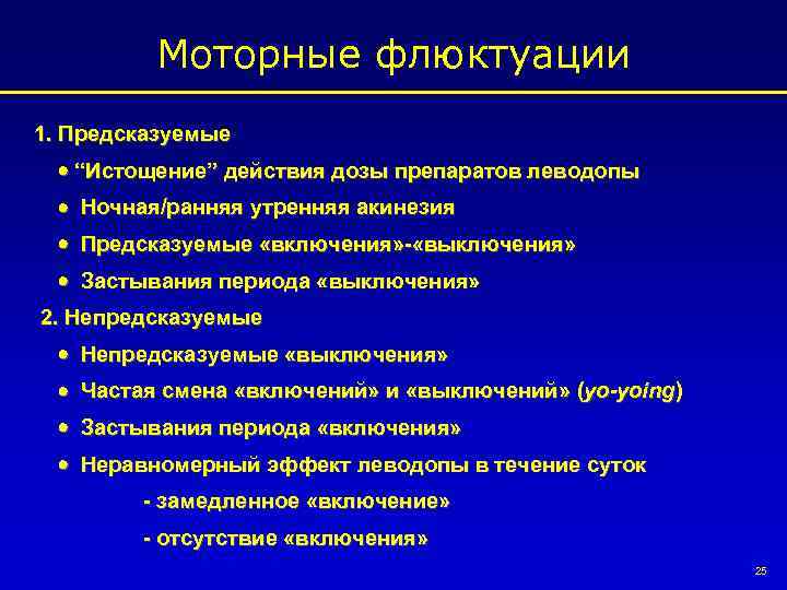 Моторные флюктуации 1. Предсказуемые “Истощение” действия дозы препаратов леводопы Ночная/ранняя утренняя акинезия Предсказуемые «включения»