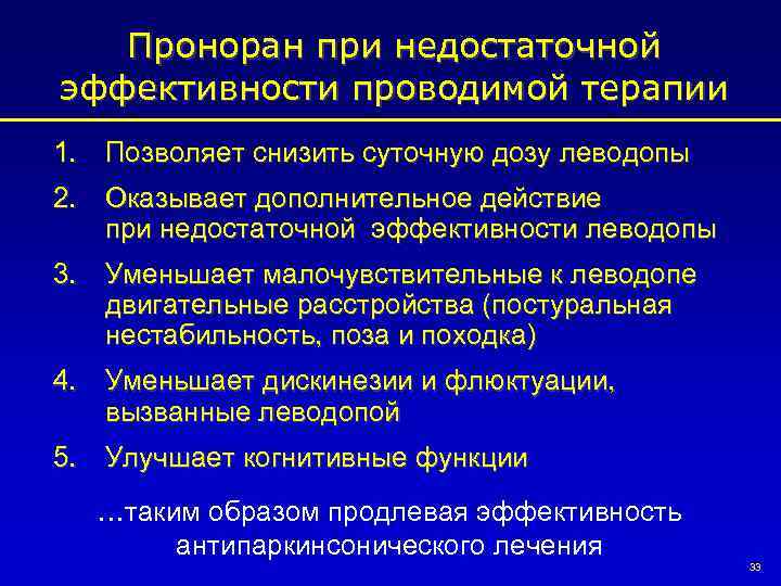 Проноран при недостаточной эффективности проводимой терапии 1. Позволяет снизить суточную дозу леводопы 2. Оказывает