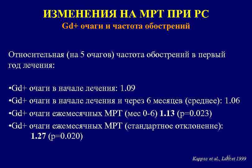 ИЗМЕНЕНИЯ НА МРТ ПРИ РС Gd+ очаги и частота обострений Относительная (на 5 очагов)