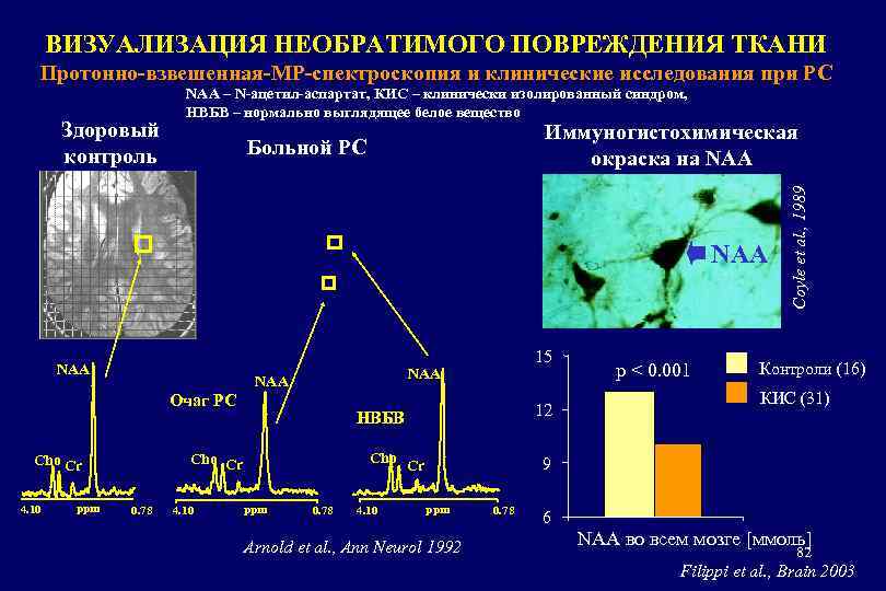 ВИЗУАЛИЗАЦИЯ НЕОБРАТИМОГО ПОВРЕЖДЕНИЯ ТКАНИ Протонно-взвешенная-МР-спектроскопия и клинические исследования при РС Иммуногистохимическая окраска на NAA