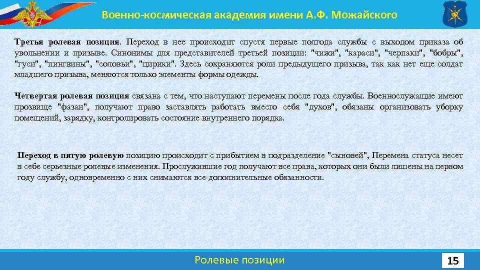 Военно-космическая академия имени А. Ф. Можайского Третья ролевая позиция. Переход в нее происходит спустя