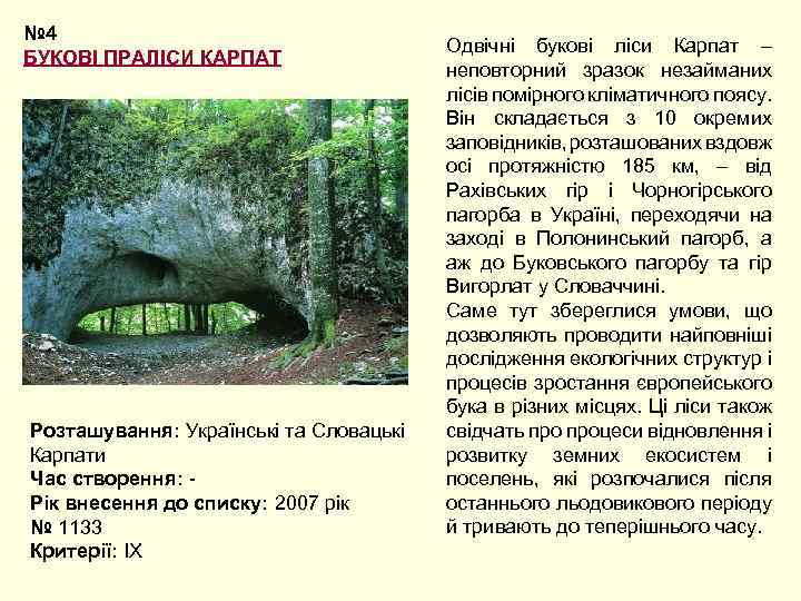 № 4 БУКОВІ ПРАЛІСИ КАРПАТ Розташування: Українські та Словацькі Карпати Час створення: Рік внесення