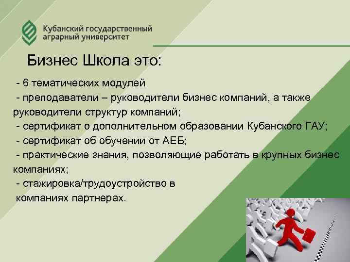 Бизнес Школа это: - 6 тематических модулей - преподаватели – руководители бизнес компаний, а