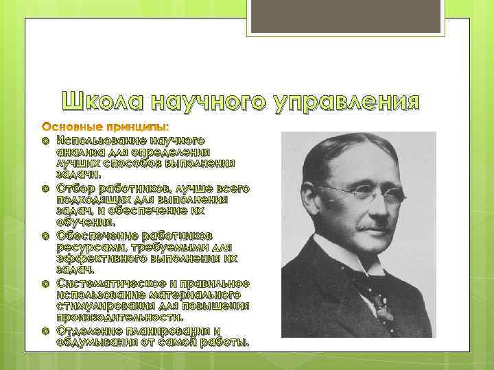 Школа научного управления Использование научного анализа для определения лучших способов выполнения задачи. Отбор работников,