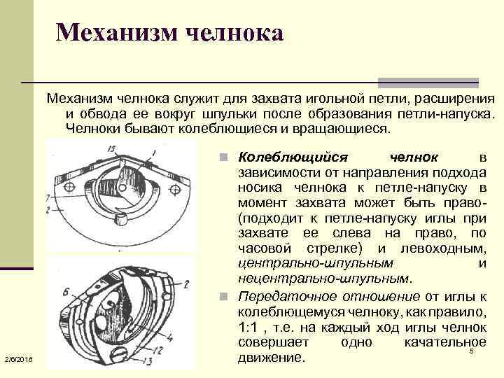 Механизм челнока служит для захвата игольной петли, расширения и обвода ее вокруг шпульки после