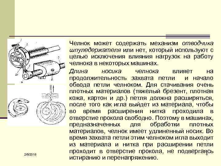 n Челнок может содержать механизм отводчика 2/6/2018 шпуледержателя или нет, который используют с целью