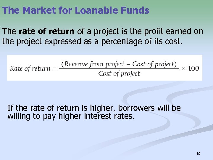 The Market for Loanable Funds The rate of return of a project is the