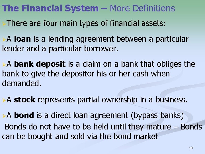 The Financial System – More Definitions ØThere are four main types of financial assets: